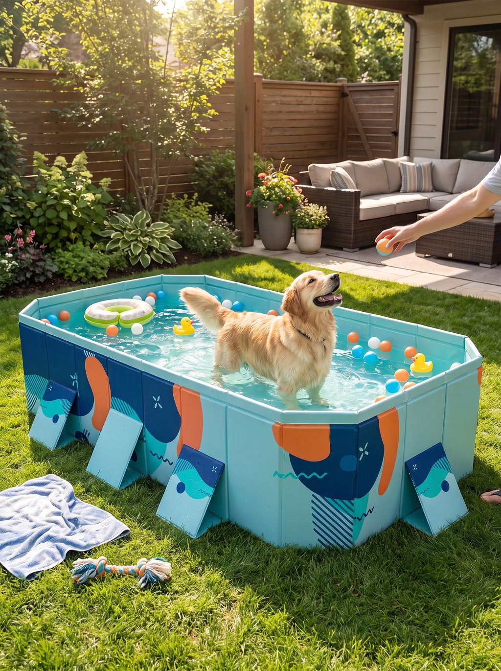 GOODNEST SPLASH dog pool unfolded and filling in a garden