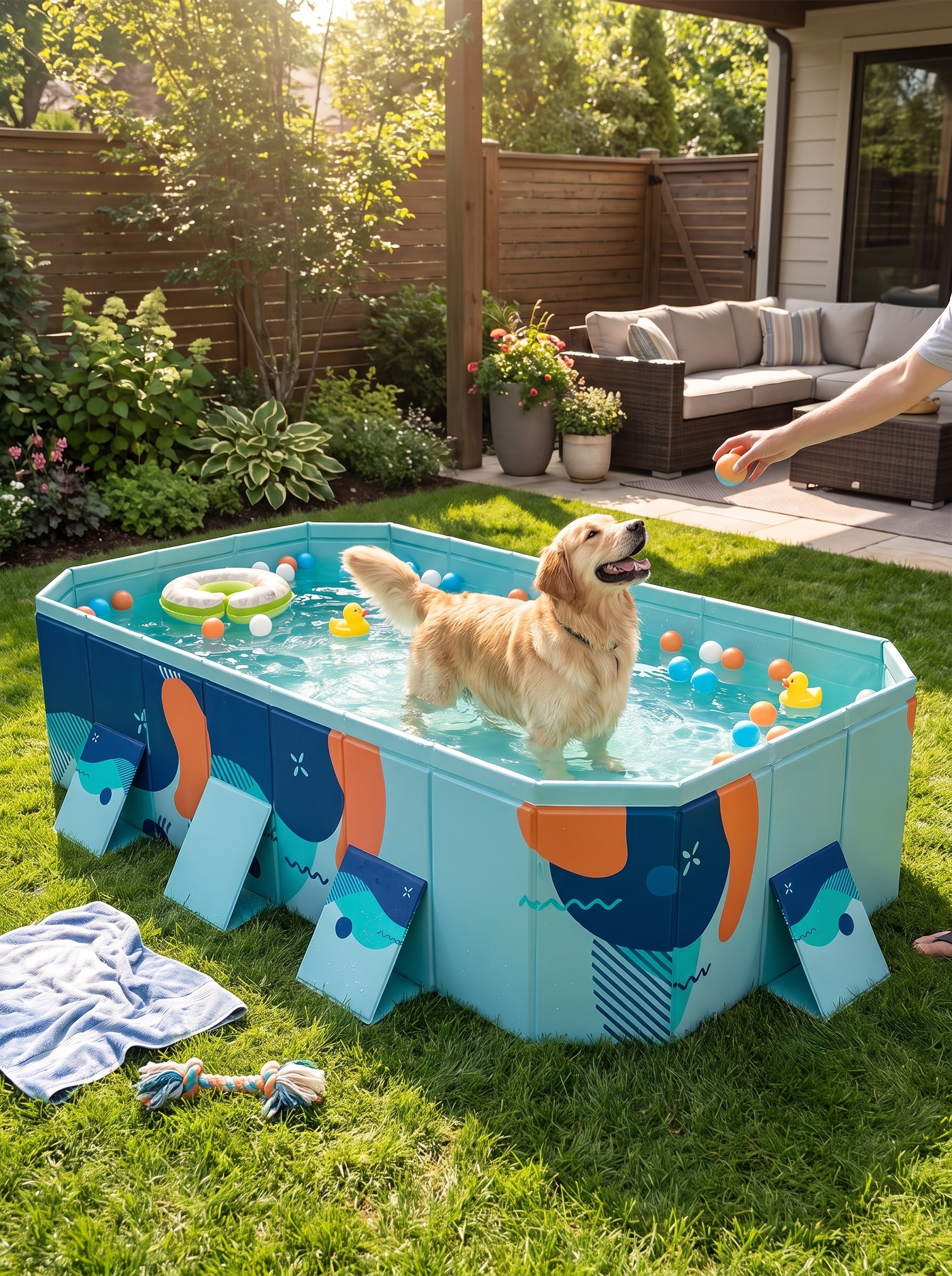 GOODNEST SPLASH dog pool unfolded and filling in a garden