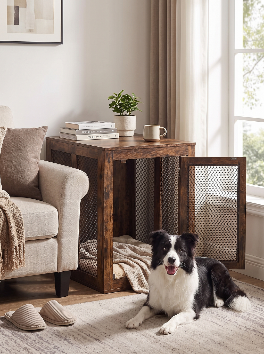GOODNEST HOMESTEAD rustic dog crate in a living room