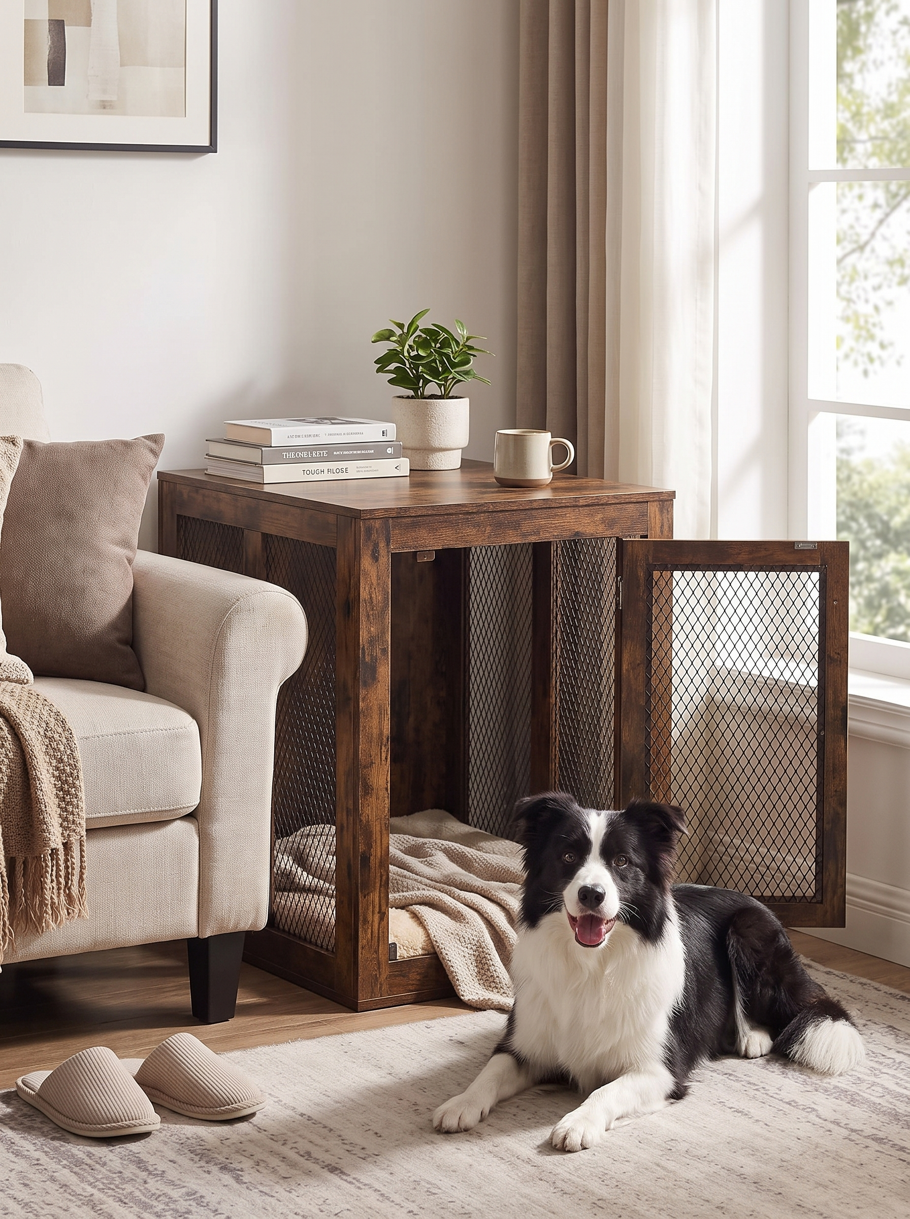 GOODNEST HOMESTEAD rustic dog crate in a living room
