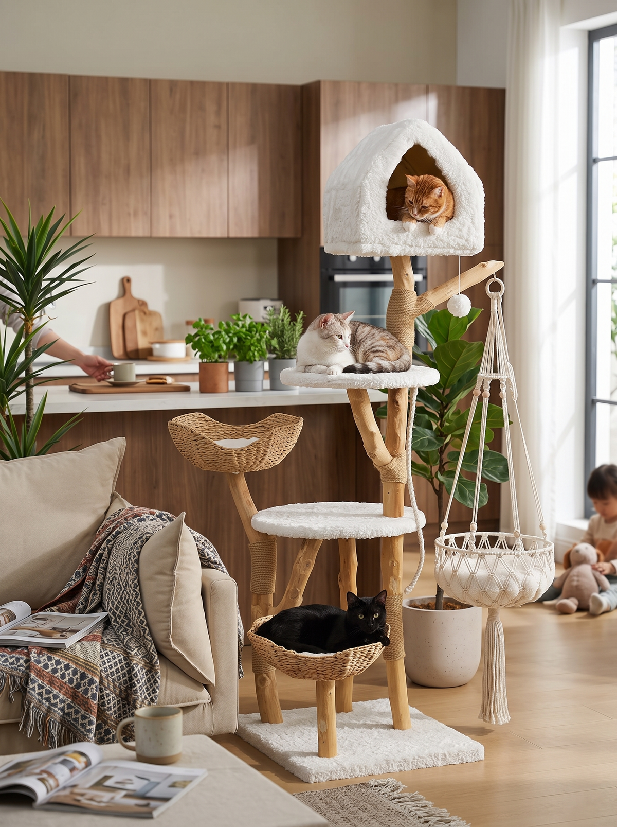 GOODNEST BOUGH solid wood cat tree in a living room