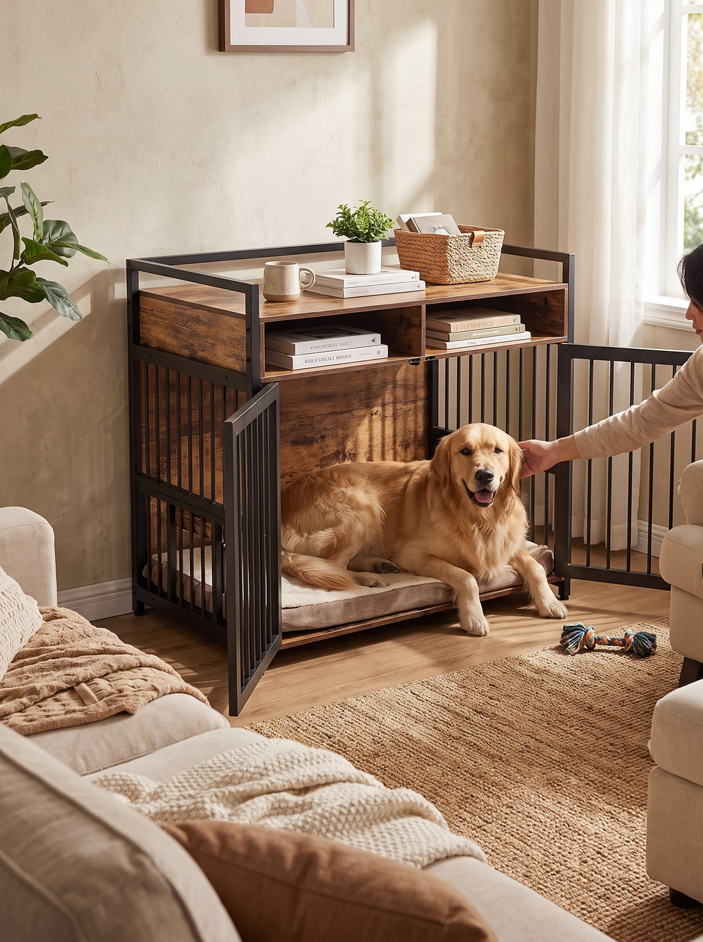 GOODNEST WARDEN dog crate console along a living room wall